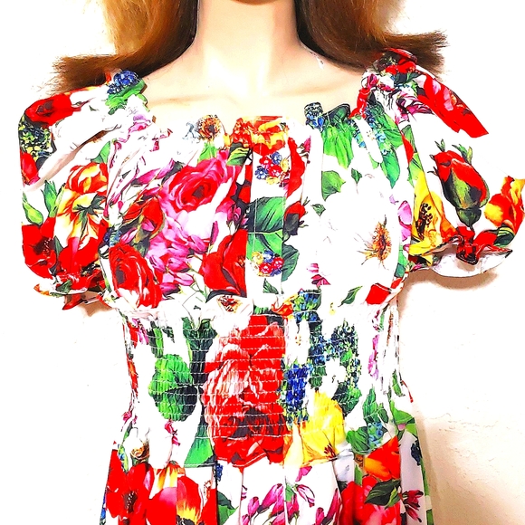 NWT Boho Red Floral High Waisted Gathered Smocked Mini Dress MSRP $108 - Picture 5 of 6